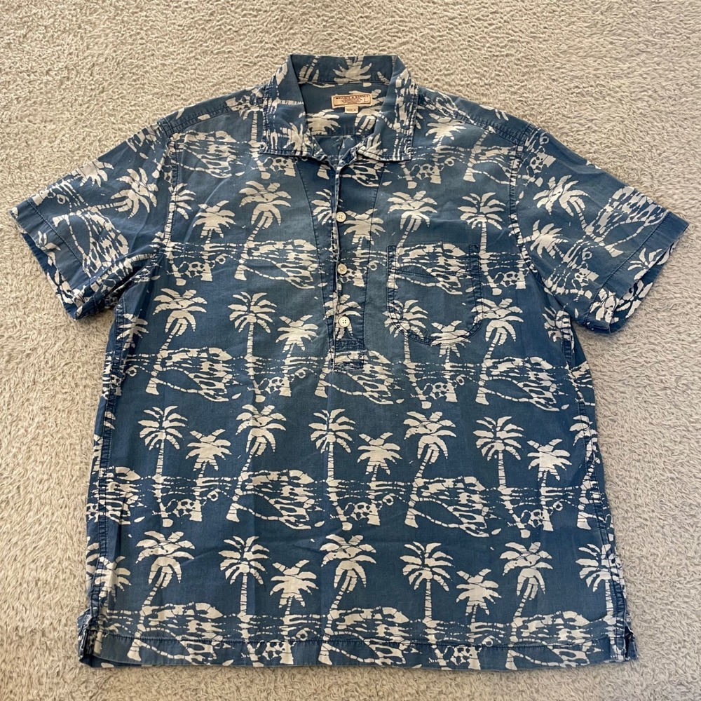 Wallace & Barnes Hawaiian Popover Shirt Mens L Blue Cotton Tropical Palm Trees